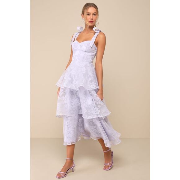 NWT LULUS Glamorous Sweetie Lavender Burnout Tie-Strap Bustier Midi Dress Sz XS - Picture 1 of 8